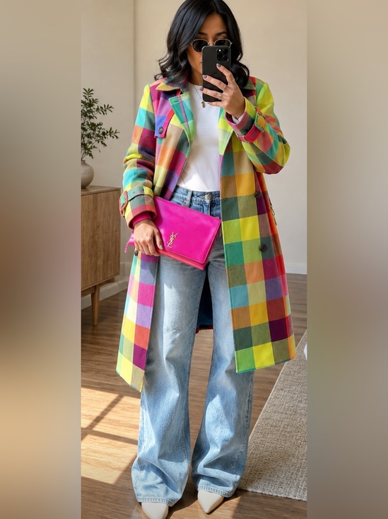 Jackets & Blazers - NEW $138 Rainbow Plaid Double-breasted Neon Trench Coat